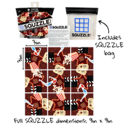 Squizzle Movie Time puzzle showing packaging and movie-themed pattern with popcorn and film elements