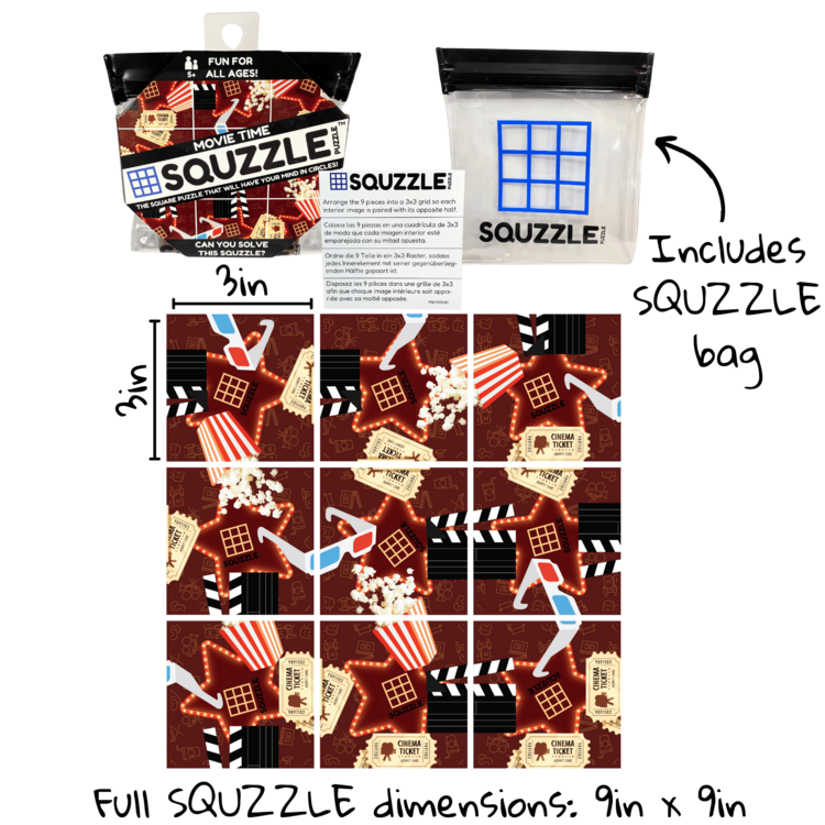 Squizzle Movie Time puzzle showing packaging and movie-themed pattern with popcorn and film elements