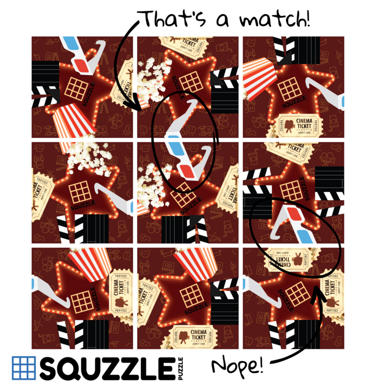 Squizzle Puzzle Movie Time themed grid puzzle showing cinema elements like popcorn tickets clapperboards