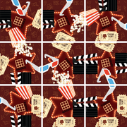 Movie-themed puzzle with cinema elements like popcorn, tickets, and film equipment on burgundy background
