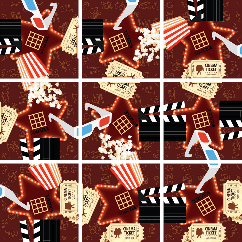 Movie-themed puzzle with cinema elements like popcorn, tickets, and film equipment on burgundy background