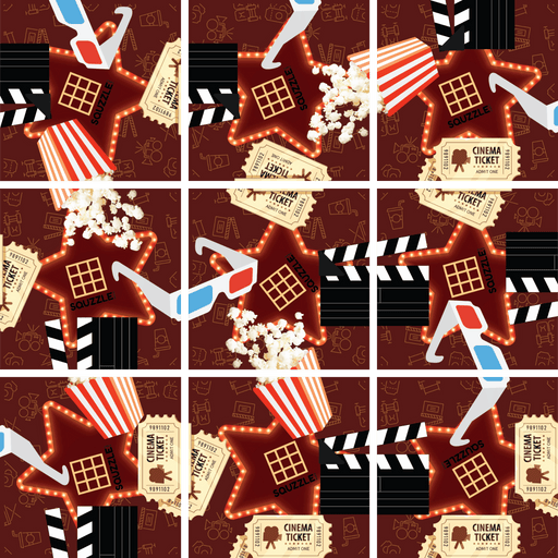 Movie-themed puzzle with cinema elements like popcorn, tickets, and film equipment on burgundy background
