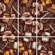 Grid of chocolate bar puzzle pieces showing various candy bars and treats