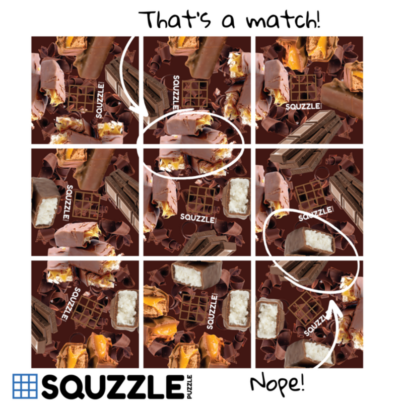Squzzle puzzle game showing chocolate bar themed matching gameplay with official branding