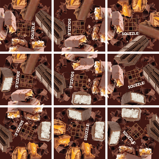 Grid of chocolate bar puzzle pieces showing various candy bars and treats