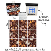 Squzzle chocolate bars puzzle showing packaging and completed puzzle with chocolate bar pieces