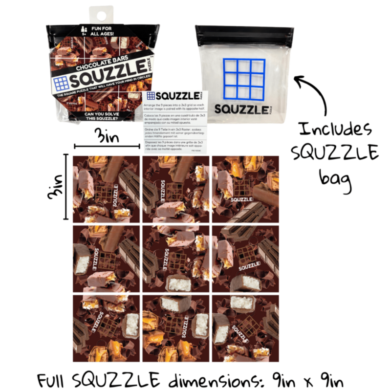 Squzzle chocolate bars puzzle showing packaging and completed puzzle with chocolate bar pieces