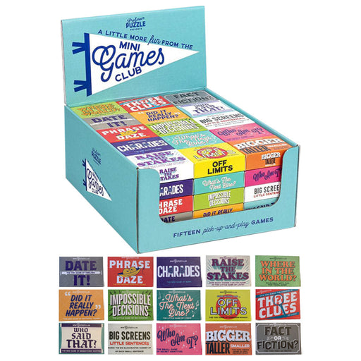 Professor Puzzle Mini Games Club display box with 15 mini games and individual game cards shown.