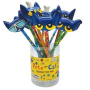 Pete the Cat squishy top pens with blue cat heads and colorful striped handles in clear container
