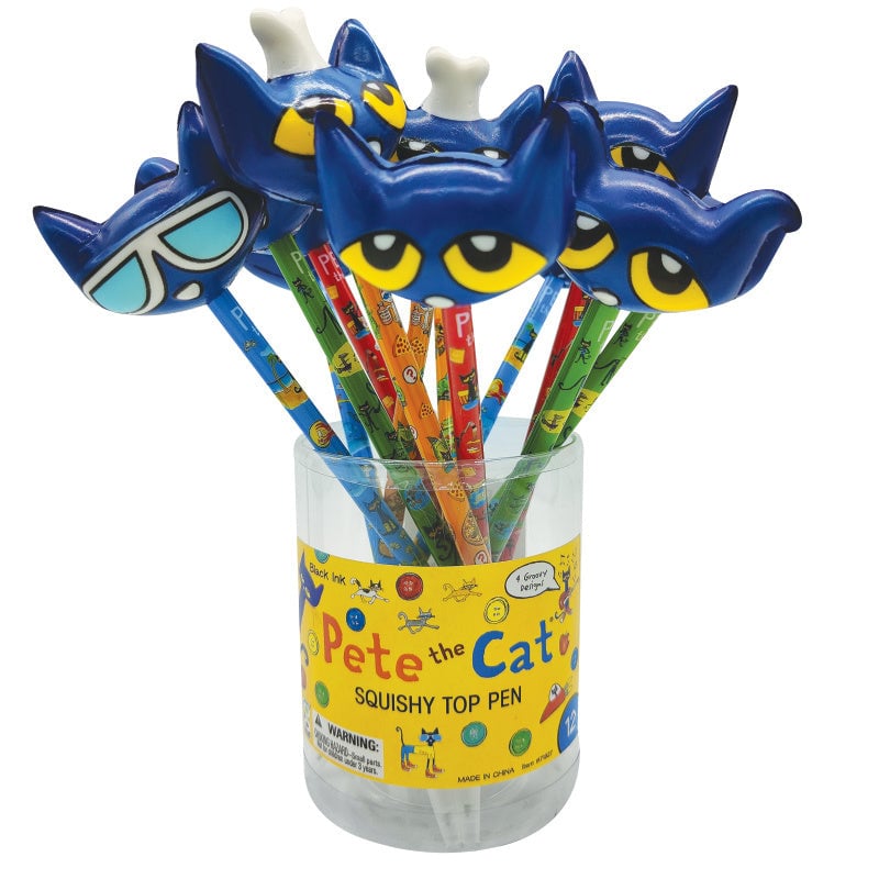 Pete the Cat squishy top pens with blue cat heads and colorful striped handles in clear container