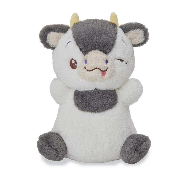 Gray and white cow plush toy with horns, ears, and embroidered face