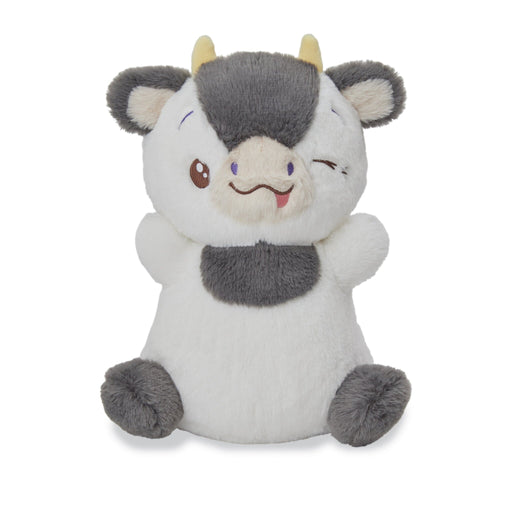 Gray and white cow plush toy with horns, ears, and embroidered face