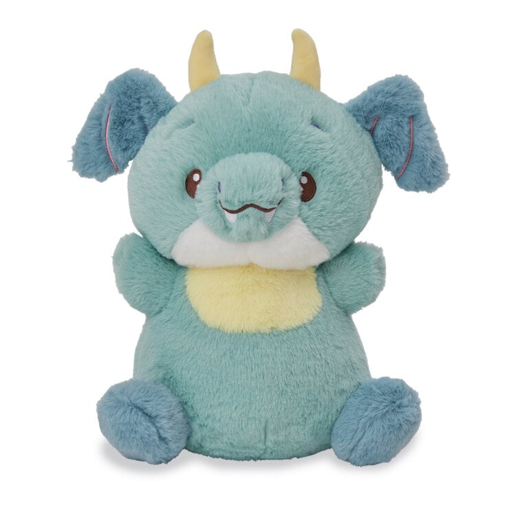 Teal dragon plush toy with yellow horns and belly, sitting pose