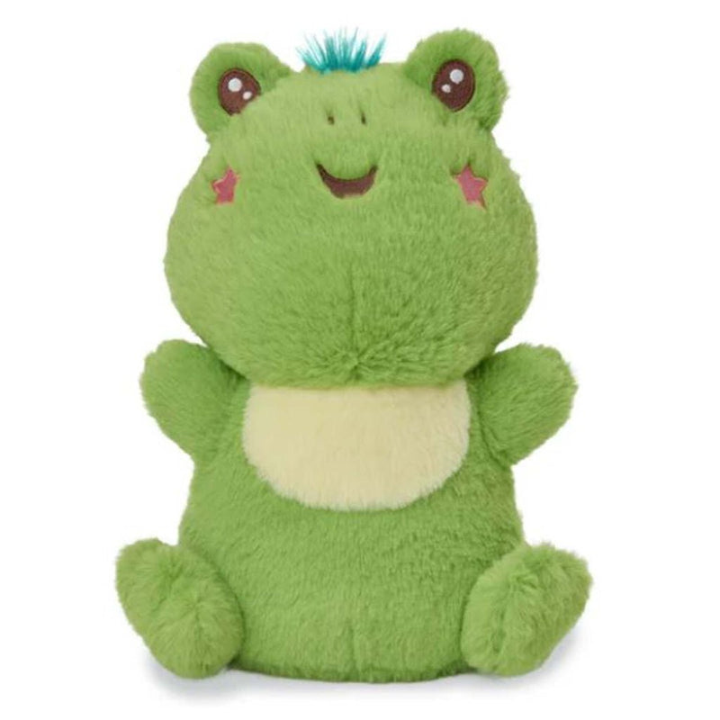 Green plush frog stuffed animal with cream belly and pink cheeks sitting upright
