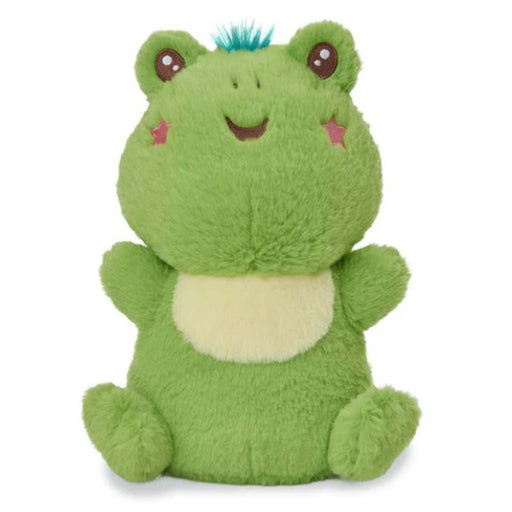Green plush frog stuffed animal with cream belly and pink cheeks sitting upright