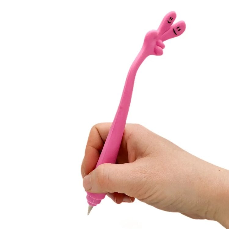 Pink novelty pen shaped like a hand making peace sign being held