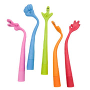 Five colorful flexible hand-shaped pens in pink, blue, green, orange, and red colors