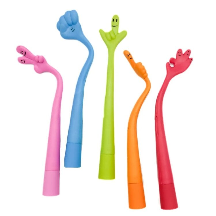 Five colorful flexible hand-shaped pens in pink, blue, green, orange, and red colors