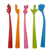 Five colorful novelty pens with friendly hand gesture designs in red orange pink green blue