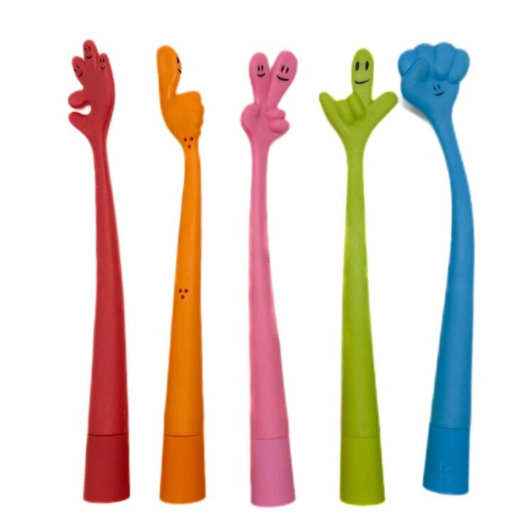 Five colorful novelty pens with friendly hand gesture designs in red orange pink green blue