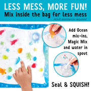 Child using sensory squish bag with colorful ocean-themed activity and mix-in instructions