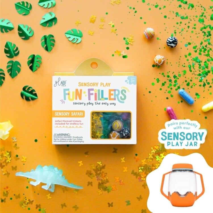 GLO Sensory Play Fun Fillers Safari pack with jungle themed decorations and sensory jar