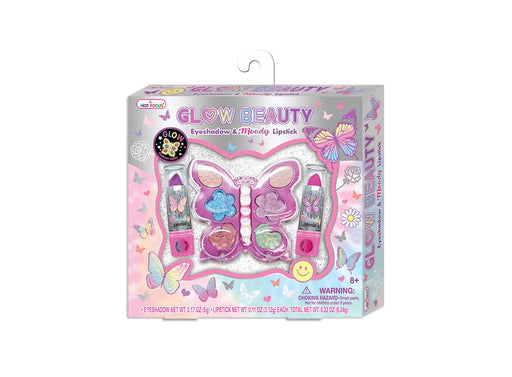 Hot Focus Glow Beauty butterfly-shaped makeup kit with eyeshadow and lipstick on pink packaging