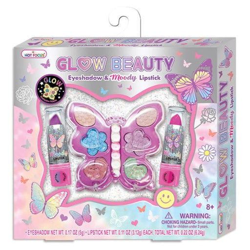 Hot Focus Glow Beauty butterfly-shaped makeup kit with eyeshadow and lipstick on pink packaging