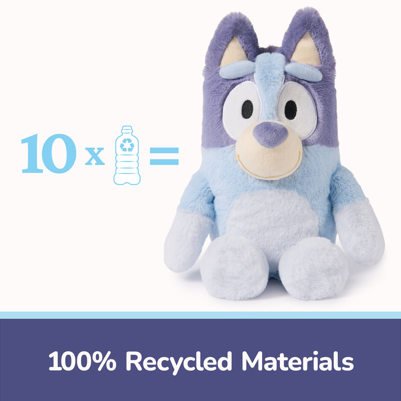 Blue Bluey plush toy made from recycled materials with sustainability infographic