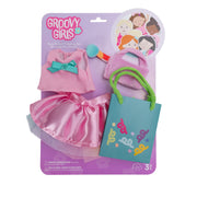 Groovy Girls Party Perfect Clothing Set with pink dress, skirt, purse, and gift bag accessories