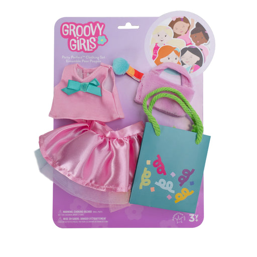 Groovy Girls Party Perfect Clothing Set with pink dress, skirt, purse, and gift bag accessories