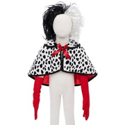 Cruella De Vil costume cape with dalmatian print, red bow, matching wig and gloves on mannequin