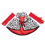 Cruella De Vil costume cape with dalmatian spots and red gloves on white background