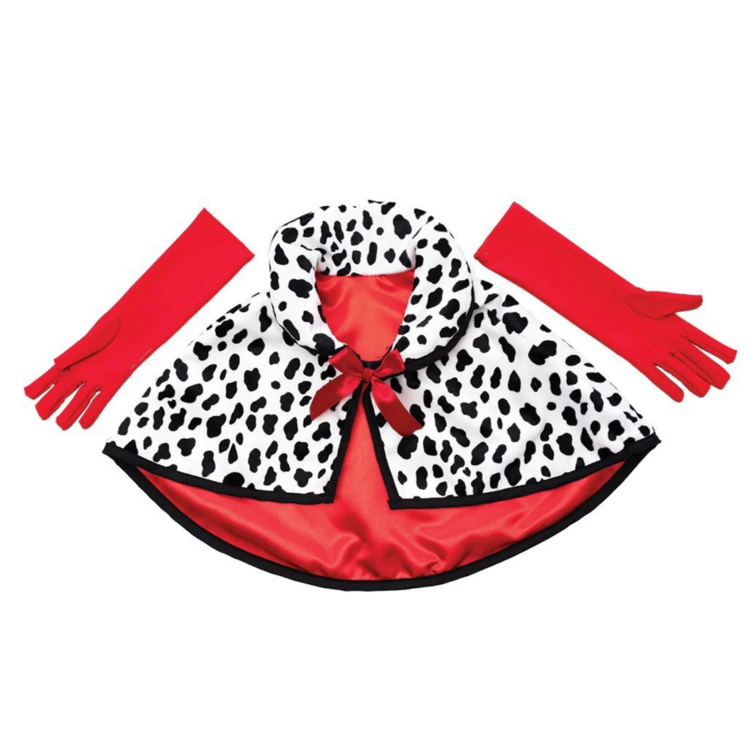 Cruella De Vil costume cape with dalmatian spots and red gloves on white background