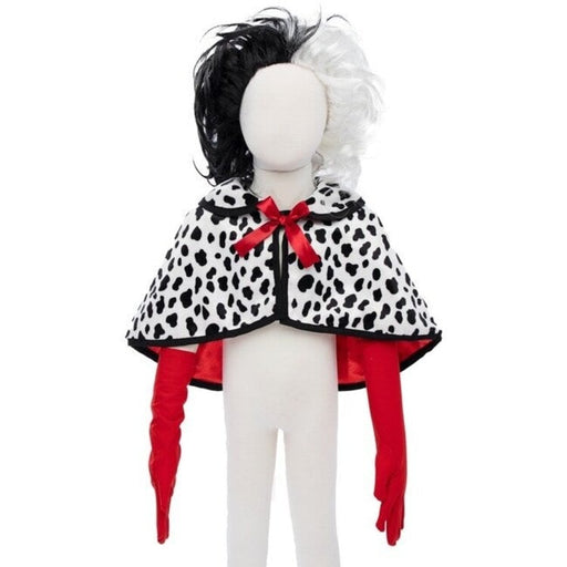 Cruella De Vil costume cape with dalmatian print, red bow, matching wig and gloves on mannequin
