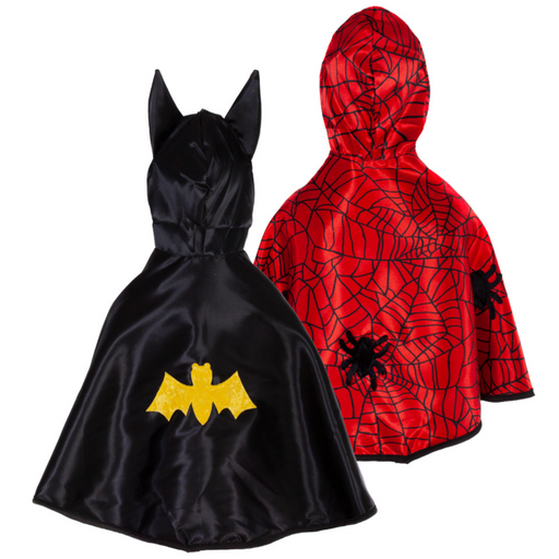 Reversible baby cape showing black Batman side and red Spider-Man side on white background