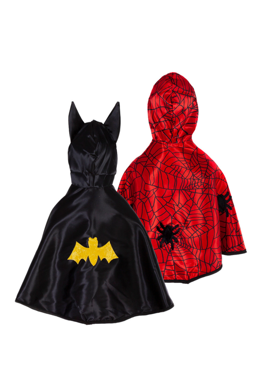 Reversible baby cape showing black Batman side and red Spider-Man side on white background