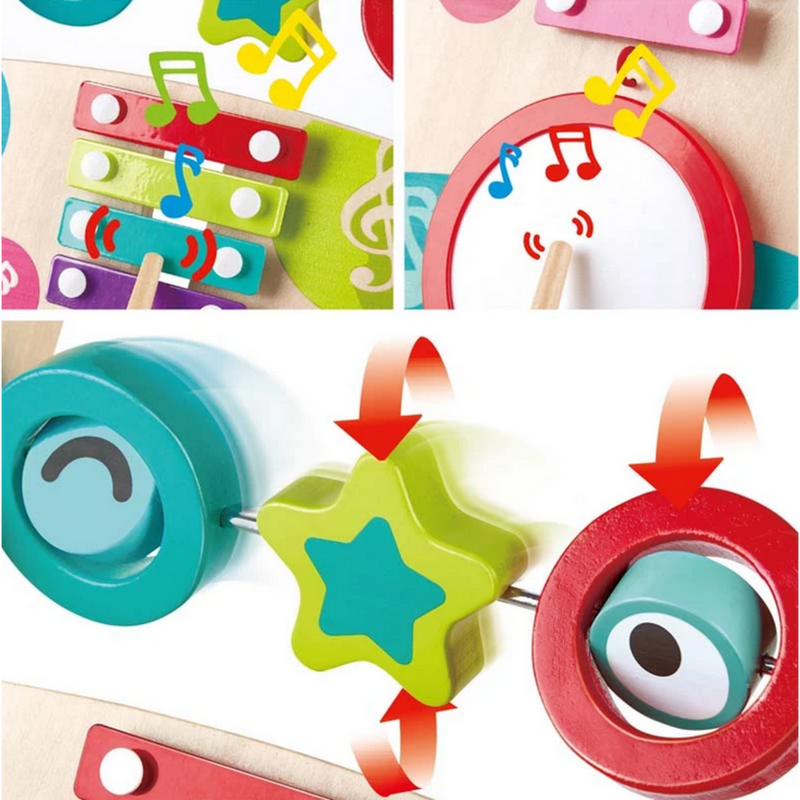 Close-up detail shots of Hape Grow-with-Me Push Walker featuring xylophone, drum, and spinning bead components