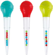 Three colorful squeeze and squirt bath toys with teal, red, and green bulb tops