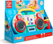 Hape Pixelz Sing-Along Pixel Boombox toy with microphone in retail packaging