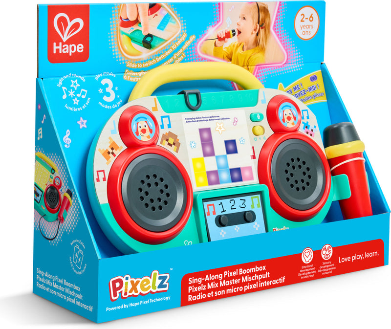 Hape Pixelz Sing-Along Pixel Boombox toy with microphone in retail packaging