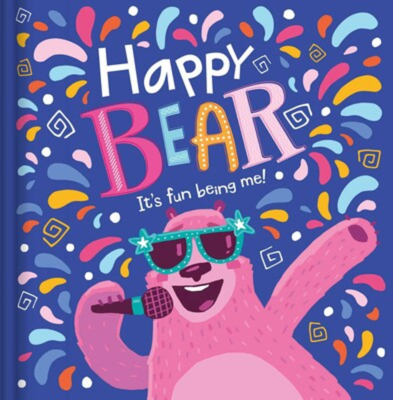 Happy Bear children's book cover featuring pink bear with sunglasses and colorful confetti design