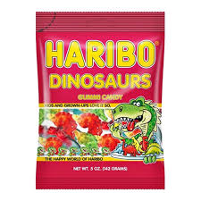 Haribo Dinosaurs gummy candy package with colorful dinosaur-shaped gummies