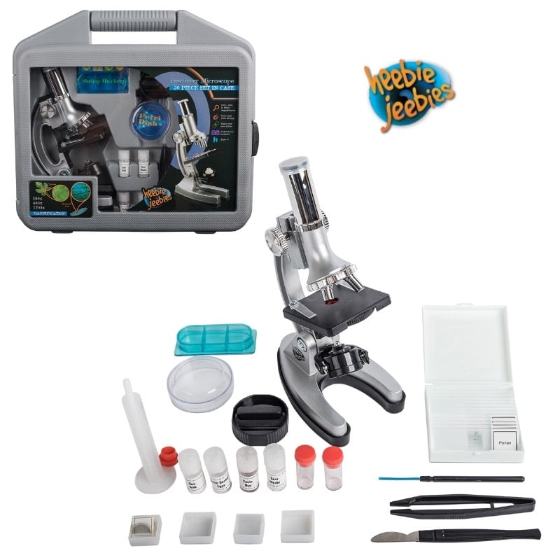 Complete microscope set with case showing all included accessories and components