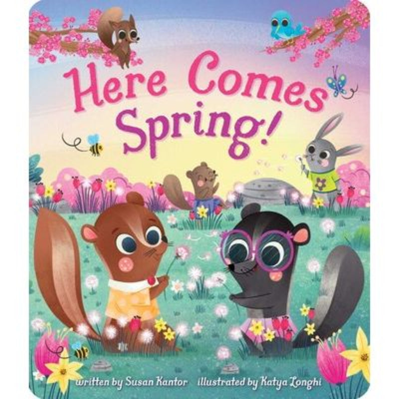 Here Comes Spring children's book cover with cute woodland animals and spring flowers.
