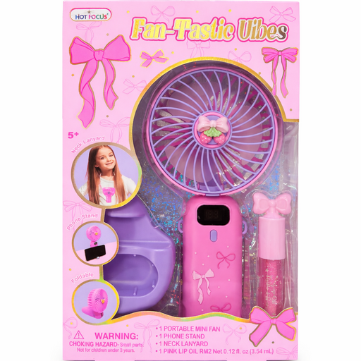 Hot Focus Fan-Tastic Vibes pink portable mini fan set with phone stand and lip oil