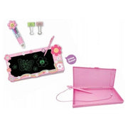 Pink LCD writing board pencil case with flower decorations and accessories displayed