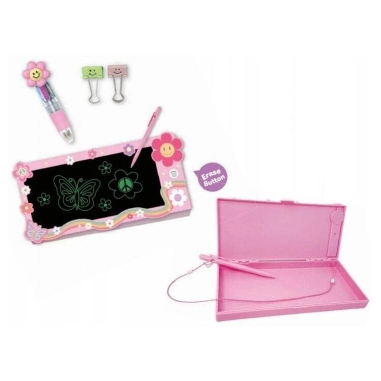 Pink LCD writing board pencil case with flower decorations and accessories displayed