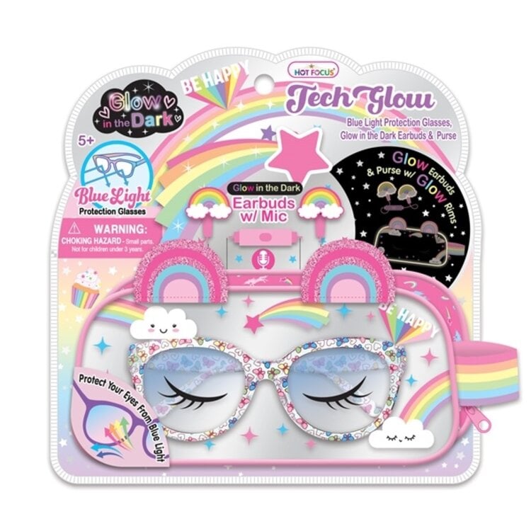 Hot Focus Tech Glow rainbow-themed blue light glasses earbuds purse set in retail packaging