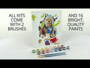 Paint by numbers kit showing dogs painting with brushes and paint palette included